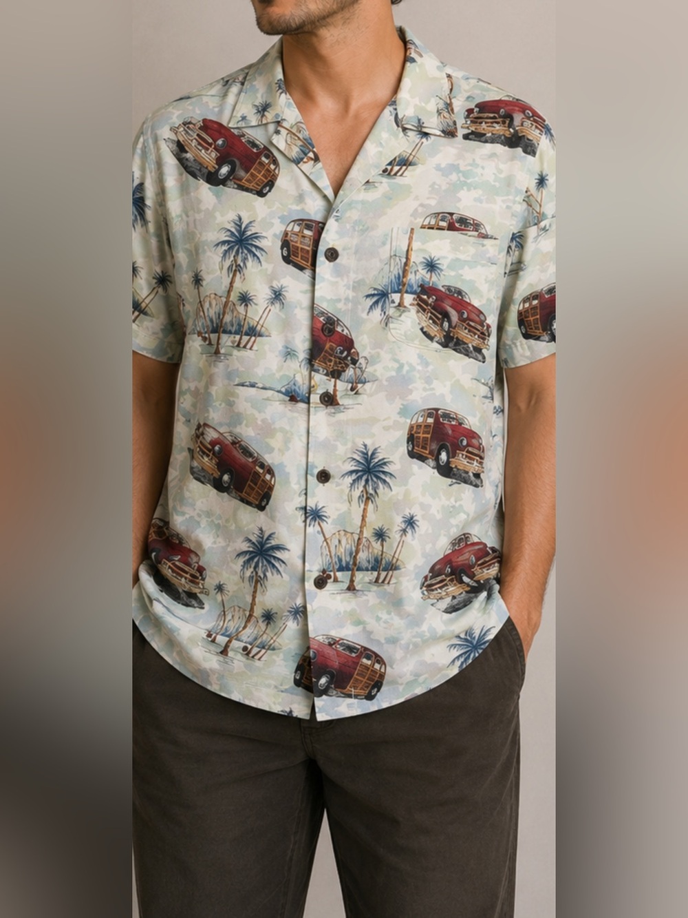 Pineapple Connection Hawaiian Shirt Mens L Rayon Cars Palm Beach Camp